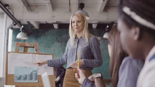 Business Meeting of Mixed Race Team at Modern Office. Woman Manager Presenting Financial Data, Sums