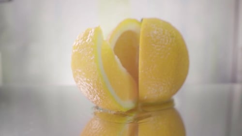 Orange Splits Into Halves on Water. Shot