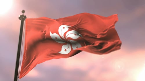Realistic Hong Kong Flag Waving Animation Against Sunset Sky
