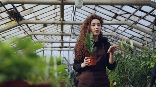 Woman Talks About Gardening on Camera in Greenhouse