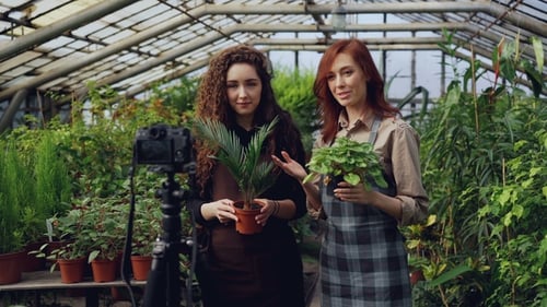 Women Recording Plant Tutorial in Greenhouse