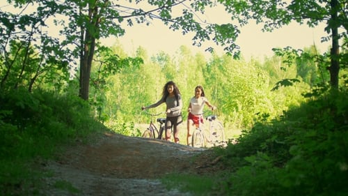 A Bike Ride in the Forest, Two Girlfriends of the Cyclist Have Fun Communicating and Climb From the