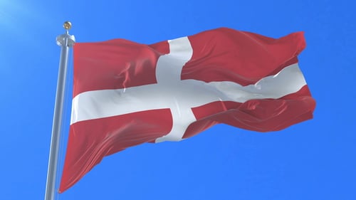 Realistic Waving Flag of Denmark Against Blue Sky