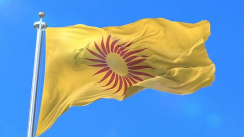 Realistic Yellow Flag with Red Sun Symbol Waving