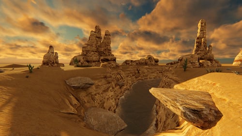 Animated Golden Desert Landscape Flythrough with Canyon and Sunset