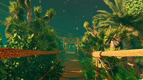 Jungle Rope Bridge Journey Through Lush Green Forest
