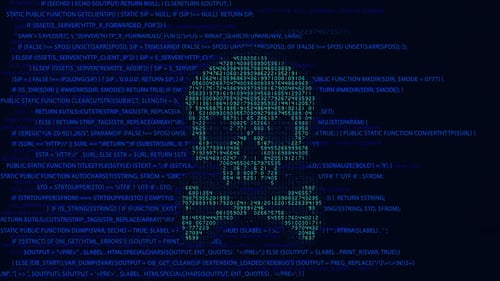 Futuristic Digital Human Head Animation with Code Background