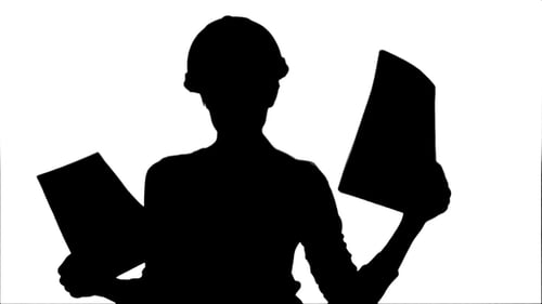 Silhouette Female Engineer in Hardhat Holding Papers and Doing Silly Dance