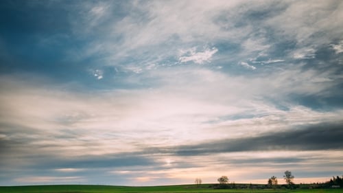 Spring Field At Evening Sunset. Natural Bright Dramatic Sky Pink Colours Abov
