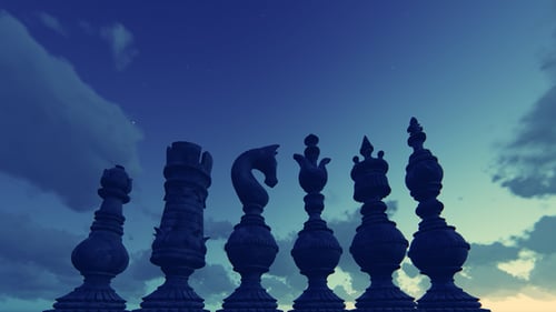 Animated 3D Chess Pieces Against a Cloudy Sky