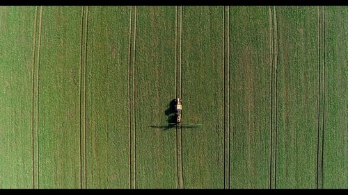 Tractor Spray Fertilize on Field with Chemicals in Agriculture Field