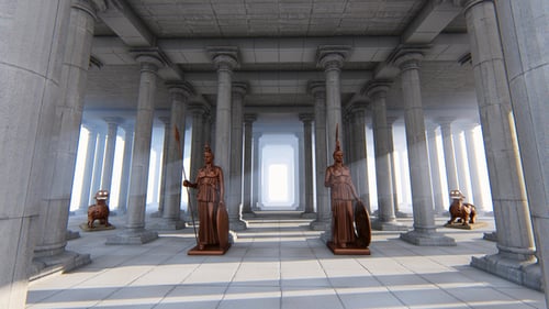 Ancient Greek Temple Hallway with Goddess Statues