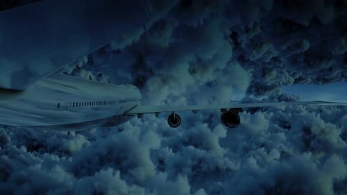 Airplane Jumbo Jet Fyling Between Storm Clouds At Night Moonlight