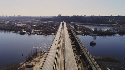 Aerial View of the City Traffic on the Bridge. Darnitskiy Bridge, Kiev, Ukraine