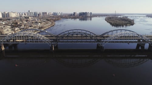 Aerial View of the City Traffic on the Bridge. Darnitskiy Bridge, Kiev, Ukraine