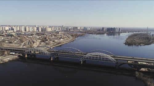 Aerial View of the City Traffic on the Bridge Darnitskiy Bridge, Kiev, Ukraine