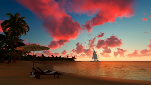 Animated Tropical Beach Sunset with Sailboat