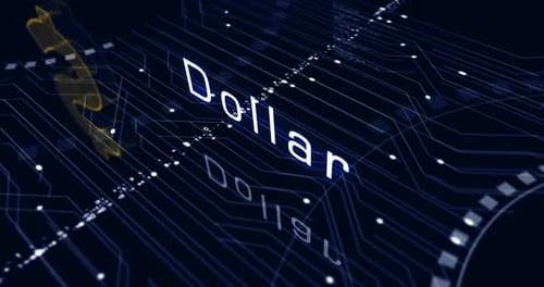 Animated Digital Dollar Signs on Futuristic Circuit Board Background