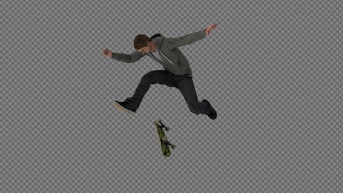 3D Animated Skateboarder Performing Tricks Alpha Channel
