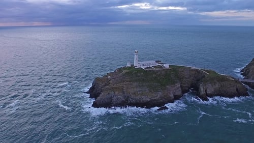 Aerial View of South Stack with Lighthouse During Sunset