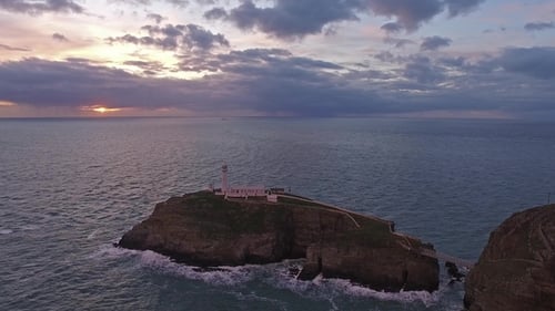 Aerial View of South Stack with Lighthouse During Sunset