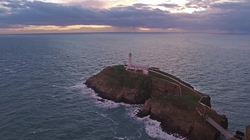 Aerial View of South Stack with Lighthouse During Sunset