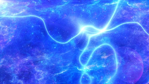 Dynamic Blue Energy Trails in Cosmic Nebula Background