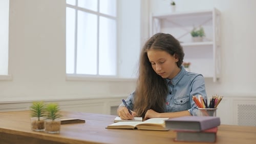 Young Girl with Laptop Computer Is Doing Homework. College Education. Female Student Is Studying