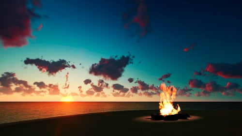 Lagerfeuer am Strand bei Sonnenuntergang