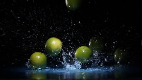 Lime Citrus Fruits Falling on Water Surface in Blue Light Spot with Liquid Splash and Drops