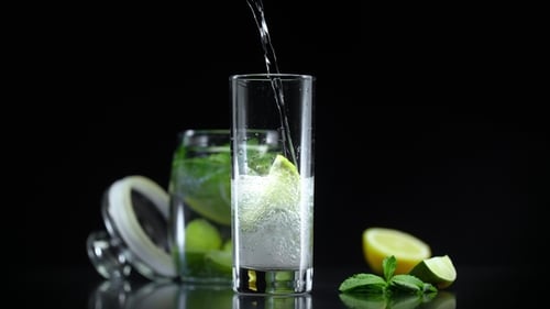 Sparkling Water Poured Into Glass With Lime and Mint