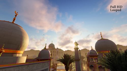 Peaceful Mosque Landscape with Crescent Moon for Islamic Events