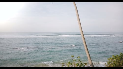 Drone Rising From the Ground Above Amazing Sunny Ocean Foaming Waves Panorama To Reveal a Single