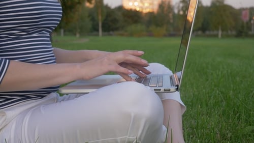 Young Caucasian Woman in Sunglasses Is Sitting on Lawn and Working on Laptop in Green City Park