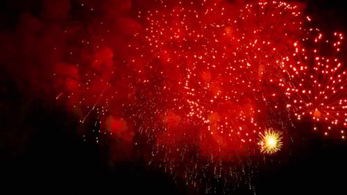 Beautiful Red Fireworks Exploding in the Night Sky