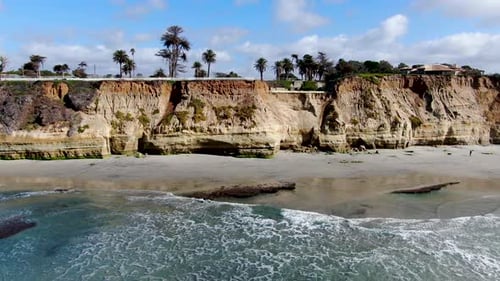 Aerial View of Del Mar North Beach, California Coastal Cliffs with Houses and Blue Pacific Ocean