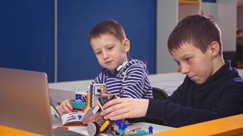 Children Creating Robots at School, Stem Education. Early Development, Diy, Innovation, Modern