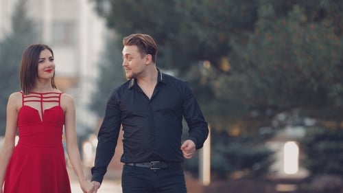 Loving Couple Hold Hands and Walk Around the Summer Park During Sunset