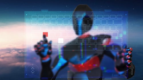 Futuristic Robot Typing on Virtual Holographic Keyboard