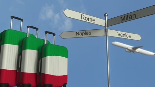 Italian Flag Suitcases, City Signpost, and Airplane for Travel Destinations