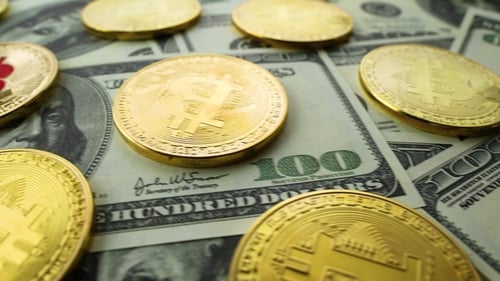 Gold Bit Coin BTC-Münzen und Dollarscheine.