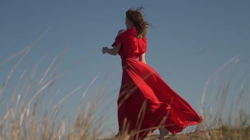 Woman in Red Dress on Grassy Hill
