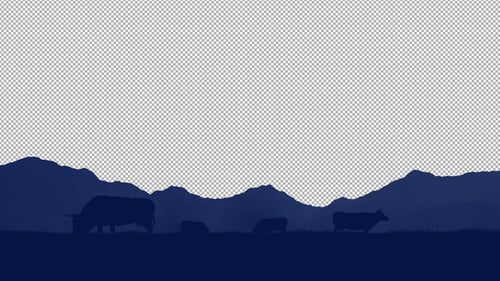 Animated Flat Design Silhouette of Cows Grazing in Mountains