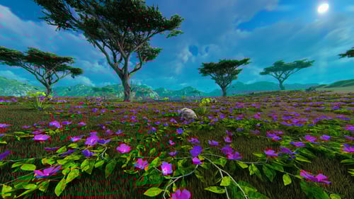 Green Field With Beautiful Pink Flowers