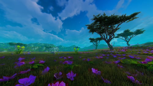 Green Field With Beautiful Pink Flowers