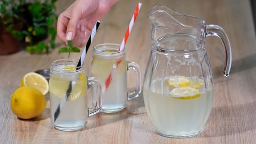 Lemonade Garnished with Mint on Wooden Table