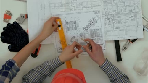 Architectes vérifiant les plans avec diviseur, boussole et règle