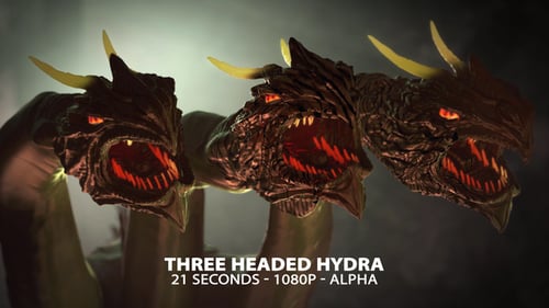 Three Headed Hydra Dragon Emerges and Roars with Glowing Eyes