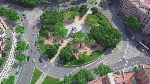 Aerial View De Espa a in Barcelona, Spain. Roundabout City Traffic, Top View. Video