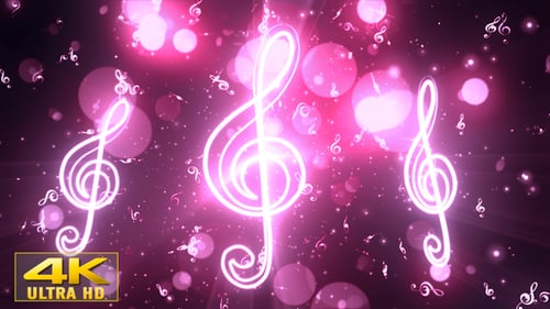 Animated Pink Glowing Treble Clefs and Musical Notes Loop